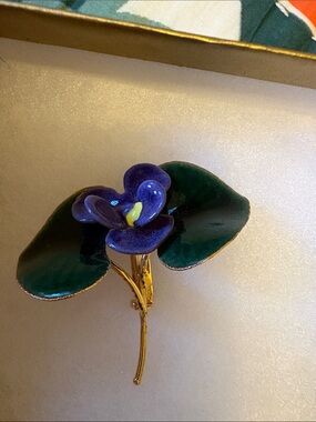Enamel Purple Violet Brooch with Green Leaves